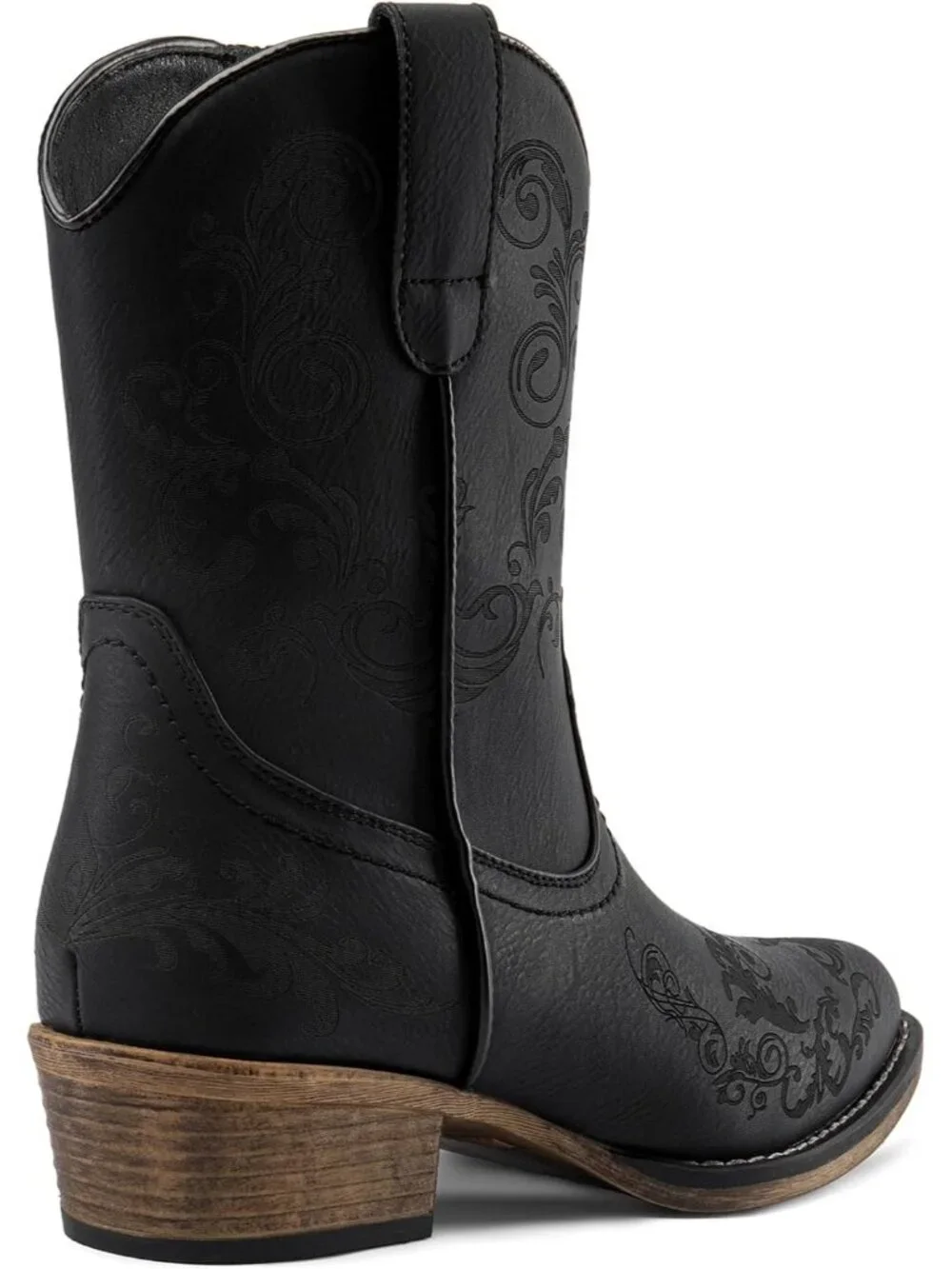 Women's Black Faux Leather Square Toe Fashion Dress Low Chunky Heel Cowgirl Boot